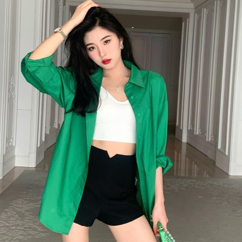 2024 Spring Tiktok Style Slimming Vintage Green Loose Boyfriend Style Shirt for Women, Hong Kong Style Popular Slimming Shirt