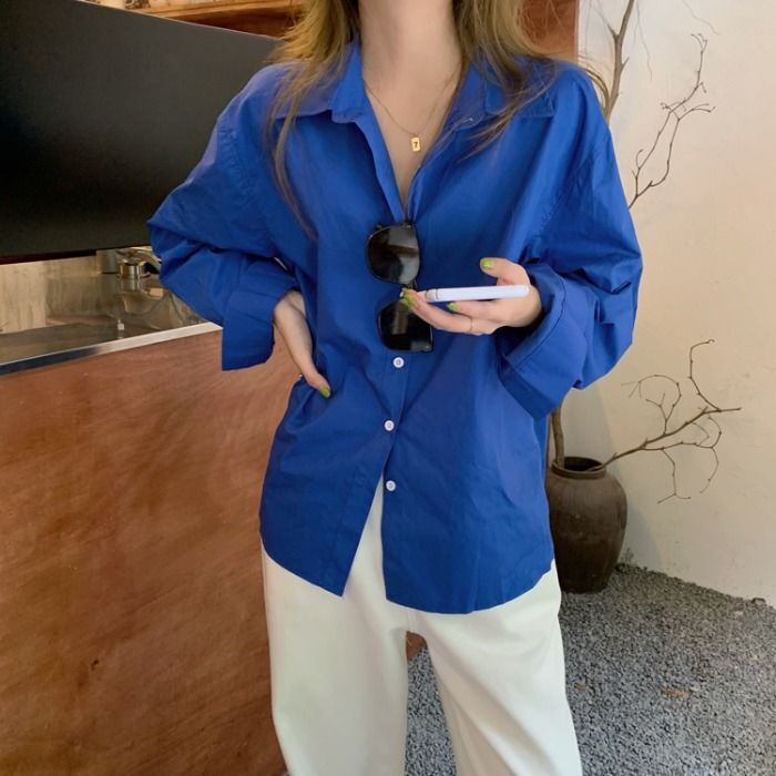 Klein Blue Shirt for Women 2024 Autumn New Korean Style Chic Loose Casual White-Enhancing Royal Blue Shirt Top Klein Blue Shirt for Women 2024 Autumn New Korean Style Chic Loose Casual White-Enhancing Royal Blue Shirt Top