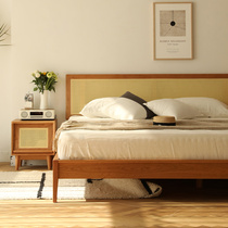 Fuye Japanese log rattan woven bed Wai Ji Homestay Wind Cherry Double Bed Nordic 18 m Simple Solid Wood Bed