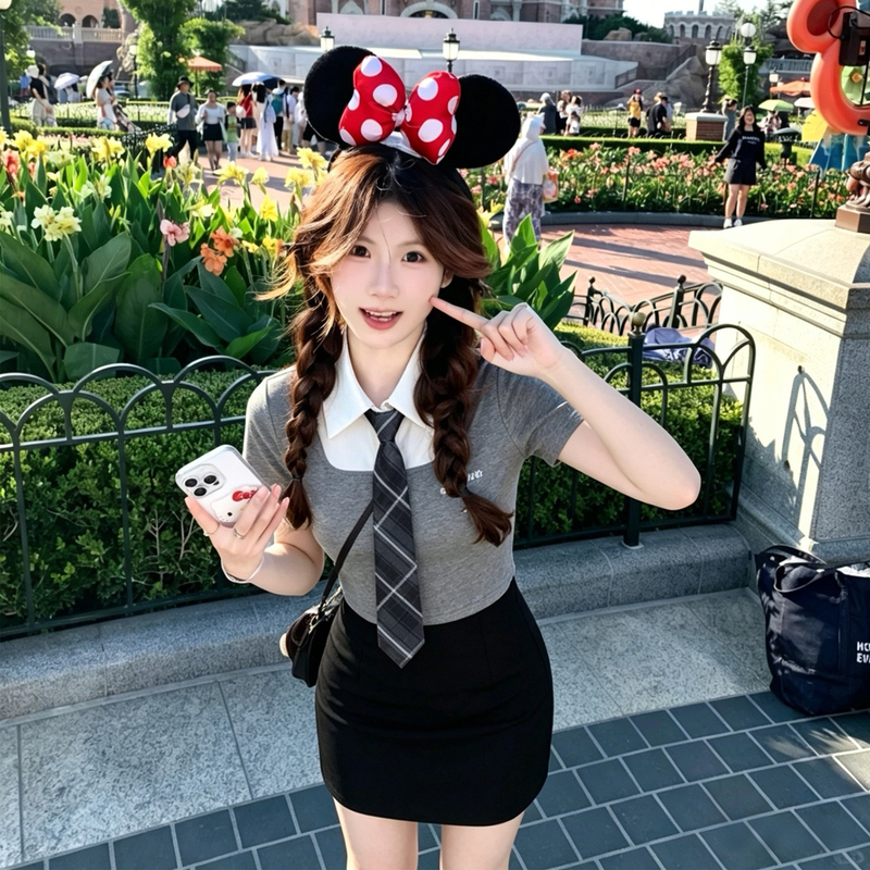 Jk Uniform Set Skirt Disney Outfit Universal Studios Academy Style Pure Desire Hot Girl Korean Style Waist-Cinching Slimming Summer