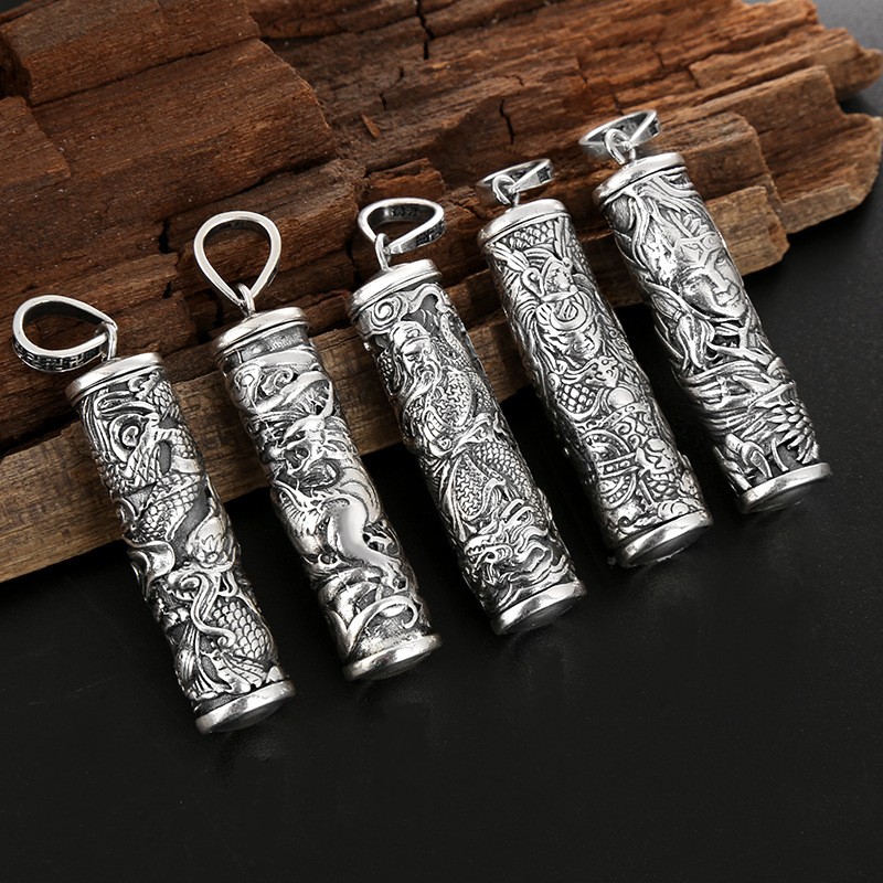 Retro Thai silver sealing bottle pure silver small medicine bottle containing box 12 zodiac life Buddha's patron saint transfer necklace pendant