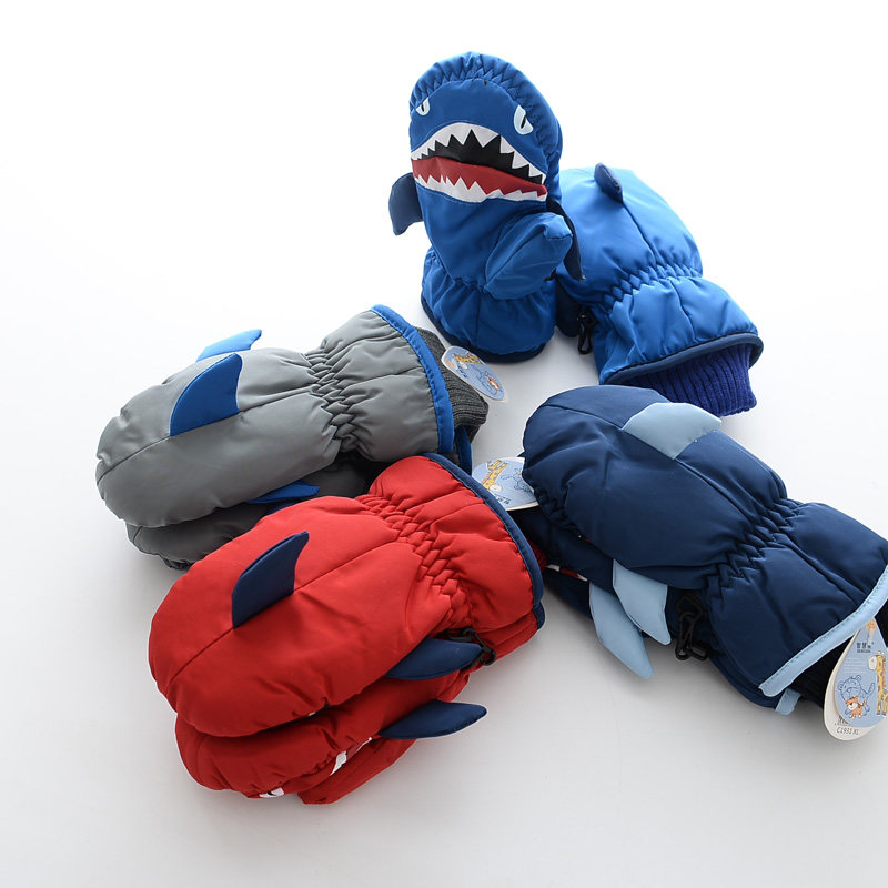 Winter new children's gloves thickened warm cartoon shark boy ski gloves child baby non-slip gloves