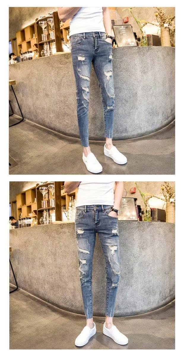 Anh chàng tinh thần xã hội 9 điểm quần jeans nam bó chân nhanh tay lưới đỏ với lỗ quần chín điểm K quan ao nam