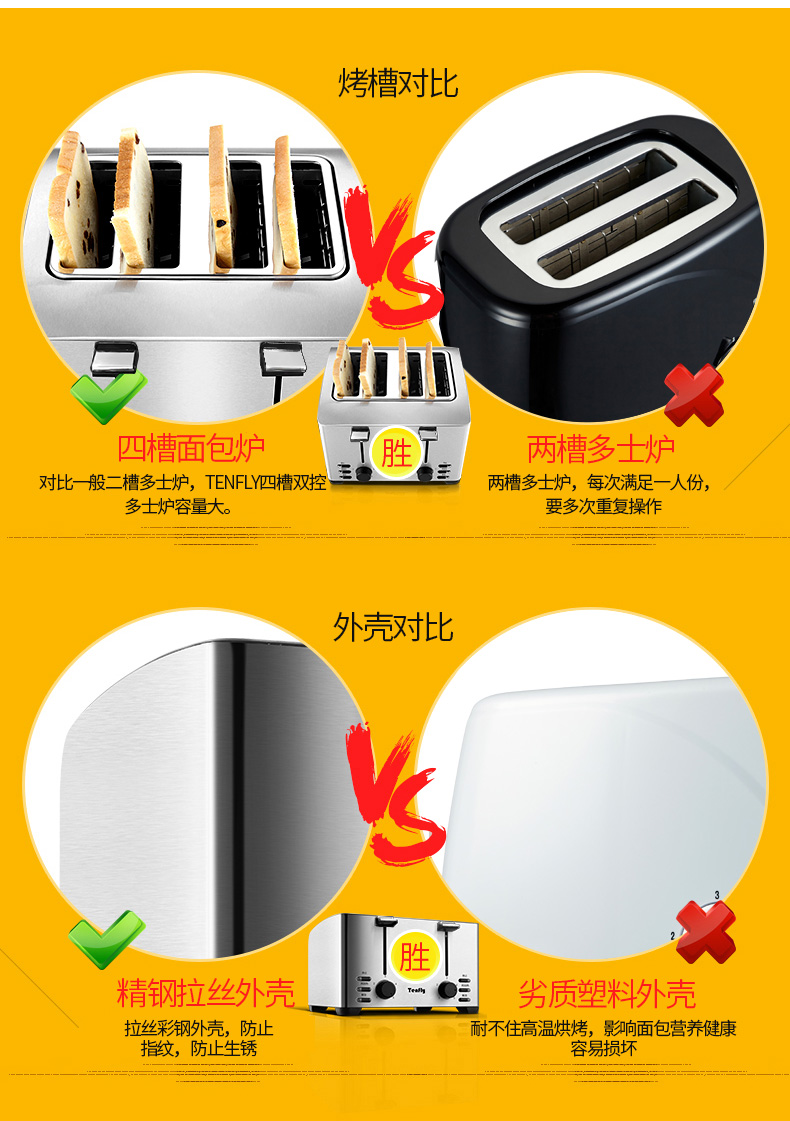 Tenfly THT-3012B 不锈钢多士炉 吐司机 带烤架 可4片同烤 图22