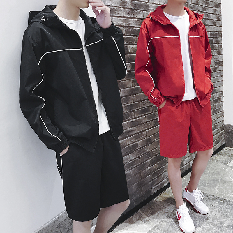 2018夏季男士运动套装学生薄款连帽卫衣外套短裤潮流韩版两件套男