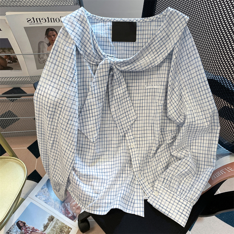 College Style Pink Bow Versatile Striped Long-Sleeve New Irregular Shirt for Women, Sweet and Youthful Top for Autumn