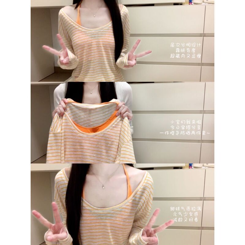 2026 New Style Loose and Lazy Style Top, Orange Soda Style, Thin Slightly See-Through Striped Long-Sleeve Cover-Up T-Shirt for Women