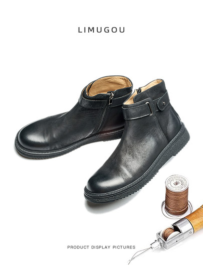 Chelsea Boots for Men, Genuine Leather, British Style, Winter Fleece-Lined, Warm, First-Layer Cowhide, Mid-Top Martin Boots, Retro Short Boots