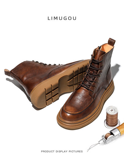 High-Top Martin Boots for Men, Genuine Leather, Vintage Work Boots, Fleece-Lined, Thick-Soled, Height-Increasing, First-Layer Cowhide, British Style Motorcycle Boots, Trendy