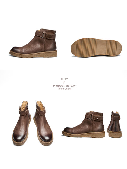 Chelsea Boots for Men, Genuine Leather, British Style, Winter Fleece-Lined, Warm, First-Layer Cowhide, Mid-Top Martin Boots, Retro Short Boots