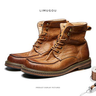 British Retro Martin Boots for Men, Genuine Leather, Handmade Distressed Motorcycle Boots, High-End Heavy-Duty Washed Horse Leather High-Top Work Boots