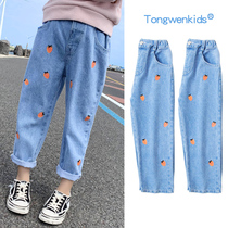 Girl Pants Foreign Air Spring Autumn Season Loose Children Jeans Spring Dress 2021 New Little Girl Casual Long Pants Tide