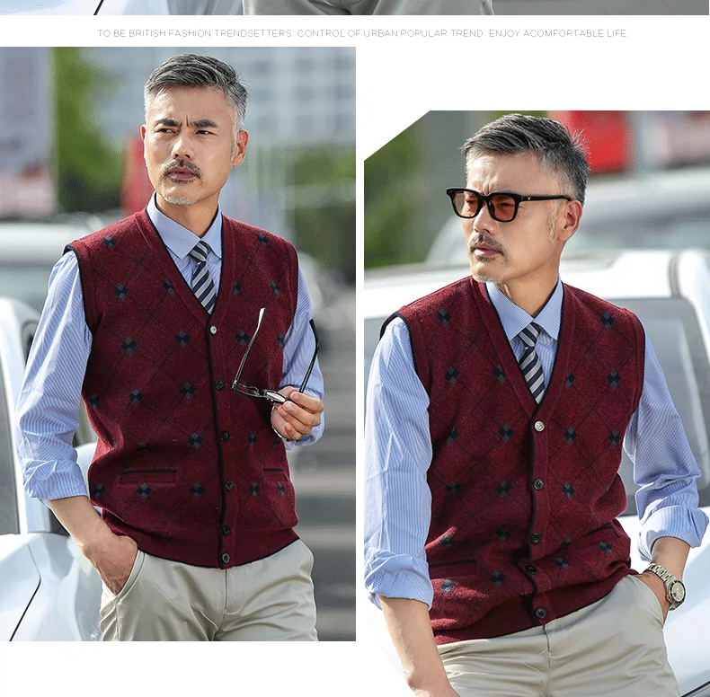 Mùa thu mới trung niên của nam giới vest vest trung niên mùa xuân và mùa thu của nam giới dệt kim cardigan cha áo len không tay áo vest nam công sở