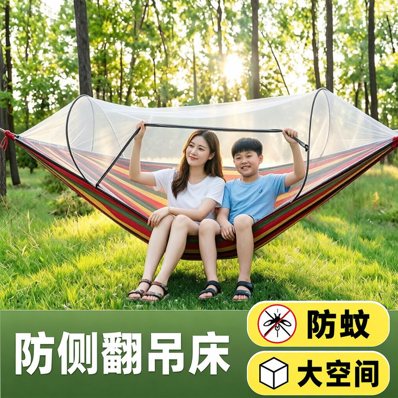 Anti-Mosquito Hammock with Outdoor Mosquito Net, Anti-Rollover Hammock for Adults, Thickened Swing with Reinforced Ropes Anti-Mosquito Hammock with Outdoor Mosquito Net, Anti-Rollover Hammock for Adults, Thickened Swing with Reinforced Ropes