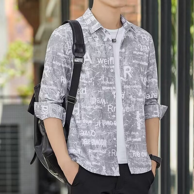 2024 New Letter Print Shirt for Men, Long-Sleeved Korean Style Trendy and Handsome Shirt, Summer Thin Ice Silk Top
