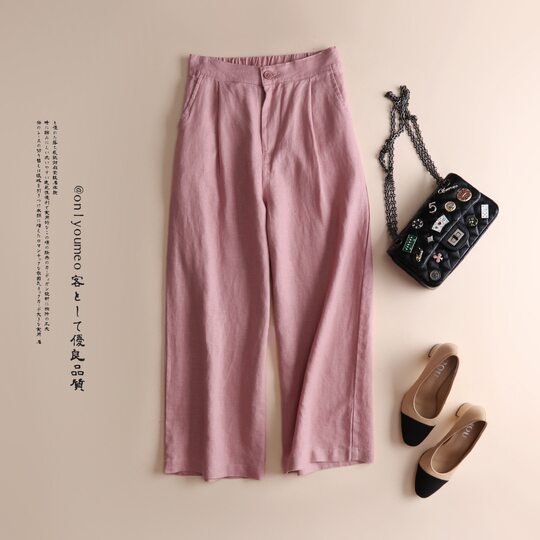 Spring and Summer Linen Casual Pants, Thin Cotton-Linen Wide-Leg Pants, Straight-Leg Pants, Drapey Loose Nine-Point Pants, Women's Pastoral Style