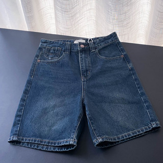 European and K-Style 2025 Summer New Retro Blue Dark Blue High-Waisted Straight Mid-Pants Quarter Pants Women's Pants Denim Shorts