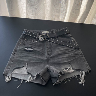 European and Korean 2025 New Design A-Line Slimming Versatile High-Waisted Gray Ripped Denim Shorts Women's Wide-Leg Pants Summer