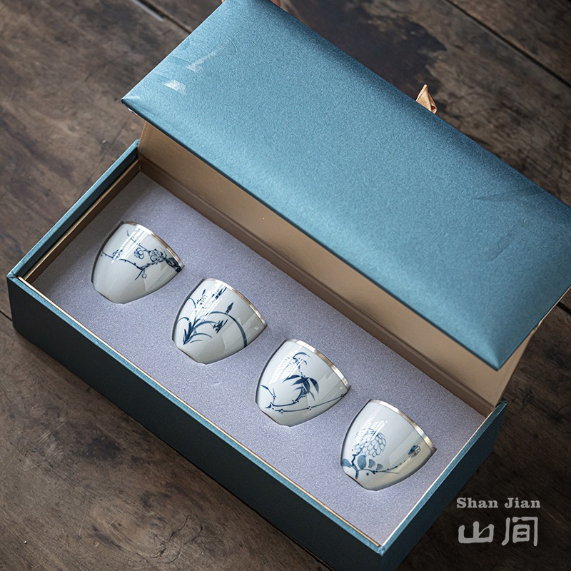 Hand-Painted Blue and White Plum, Orchid, Bamboo, and Chrysanthemum Silver-Trimmed Tea Cups, Ceramic Master Cups, Kung Fu Tea Cups, 4-Cup Gift Box Set, Souvenir Gift Hand-Painted Blue and White Plum, Orchid, Bamboo, and Chrysanthemum Silver-Trimmed Tea Cups, Ceramic Master Cups, Kung Fu Tea Cups, 4-Cup Gift Box Set, Souvenir Gift