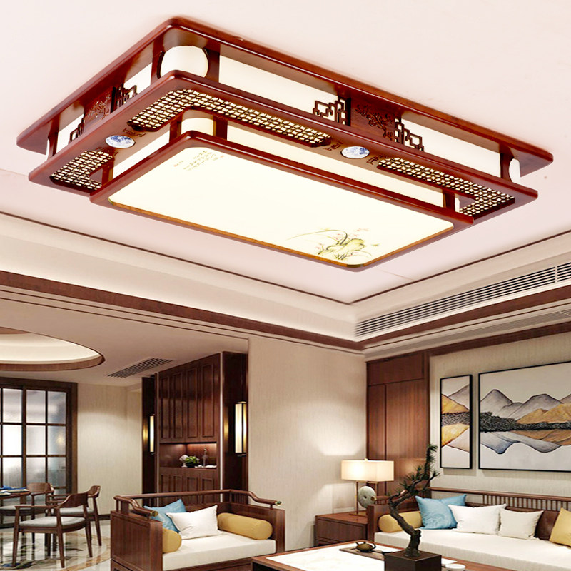 Rectangular Chinese-style ceiling lamp led antique solid wood living room lamp acrylic ceramic patch classical fringe pane