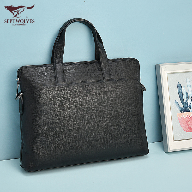 Seven Wolves Men's Bag Genuine Leather Handbag Briefcase Men's Head Layer Cow Leather Business Single Shoulder Bag Slanted Satchel Bag