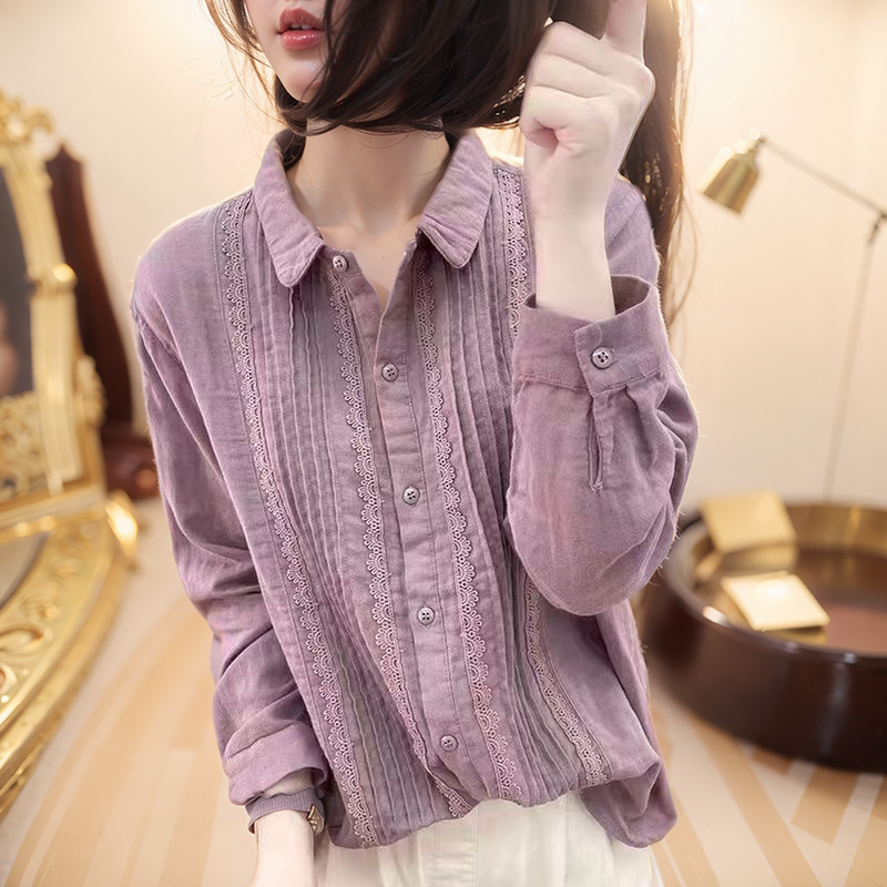 Shirts for Women 2026 Spring and Autumn New Fashion Solid Color Lace Cotton Gauze Shirt Long-Sleeved Plus Size Women's Base Shirt Top