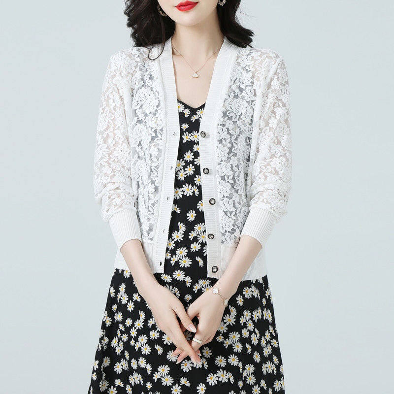 中年女装时尚蕾丝镂空防晒衫短外套女夏季薄款空调衫针织开衫上衣