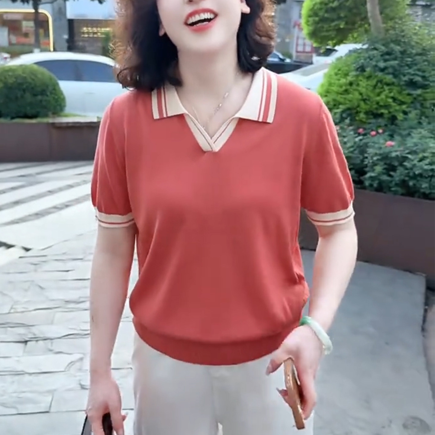 时尚妈妈上衣撞色薄款针织衫T恤女夏季短袖休闲百搭宽松遮肚小衫