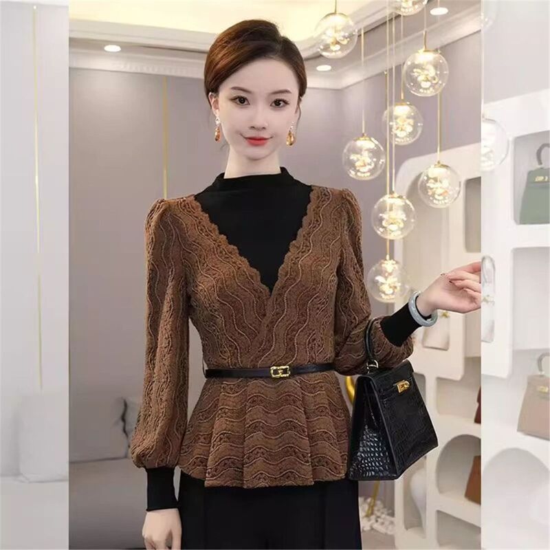French-Style Lace Patchwork Half-High Collar Long-Sleeve Shirt for Women, 2026 Autumn and Winter New Model, Unique Two-Piece Look Base Shirt Top French-Style Lace Patchwork Half-High Collar Long-Sleeve Shirt for Women, 2026 Autumn and Winter New Model, Unique Two-Piece Look Base Shirt Top