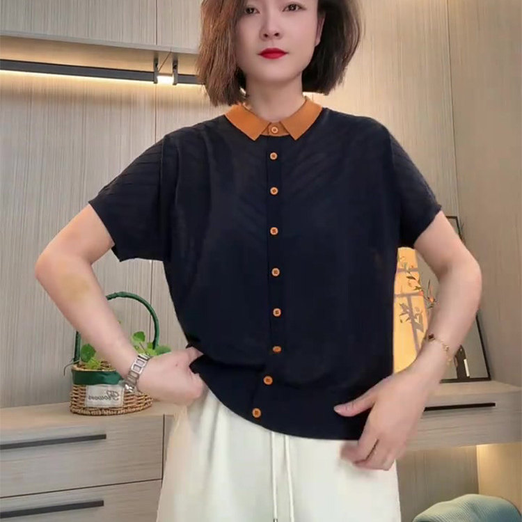 时尚单排扣翻领针织衫短袖妈妈夏装薄款洋气T恤2025新款洋气上衣