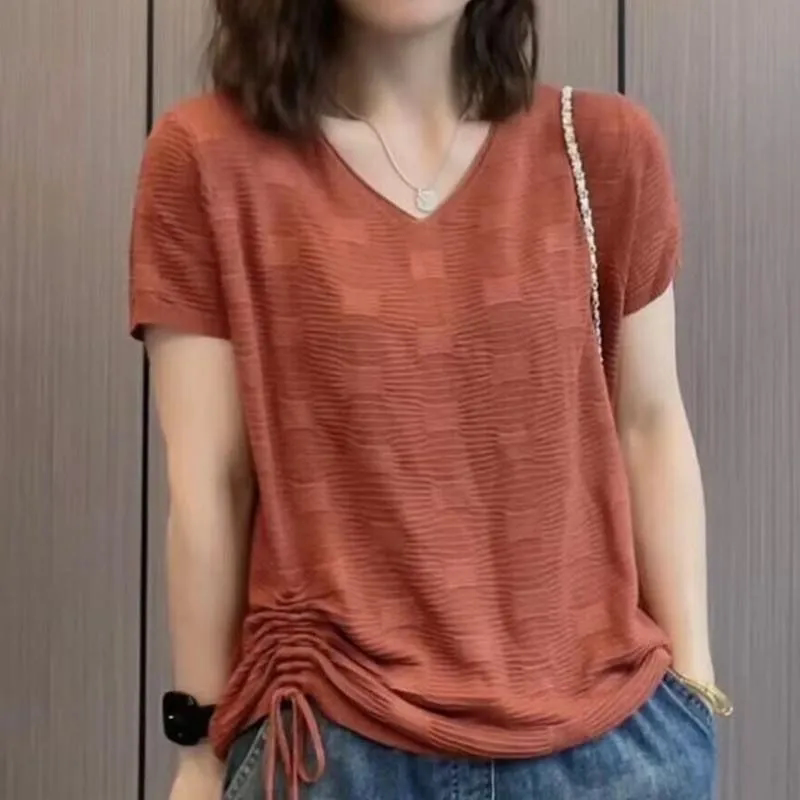 中老年妈妈夏装薄款针织T恤女士短袖2024新款时尚抽褶V领大码上衣