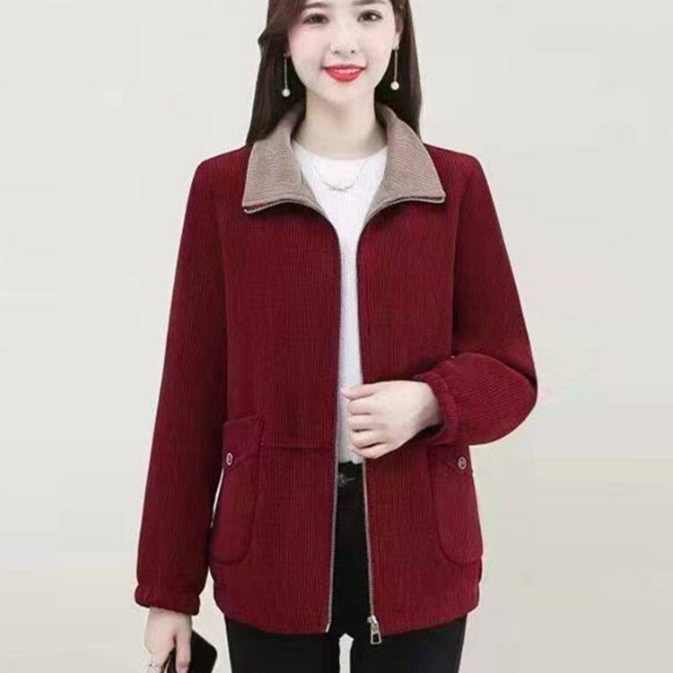 中年女士条绒翻领短外套女秋冬新款时尚百搭设计感小个子毛绒开衫