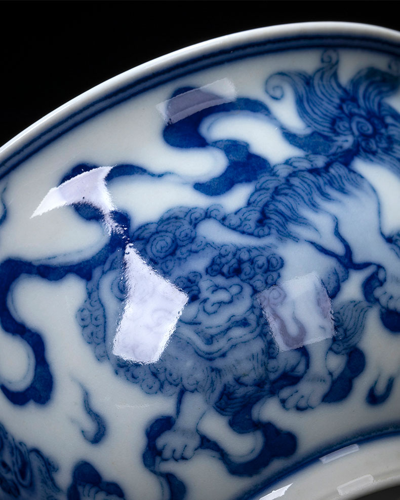 The large ceramic three tureen teacups hand - made archaize manual jingdezhen blue and white lion ball make tea bowl tea set