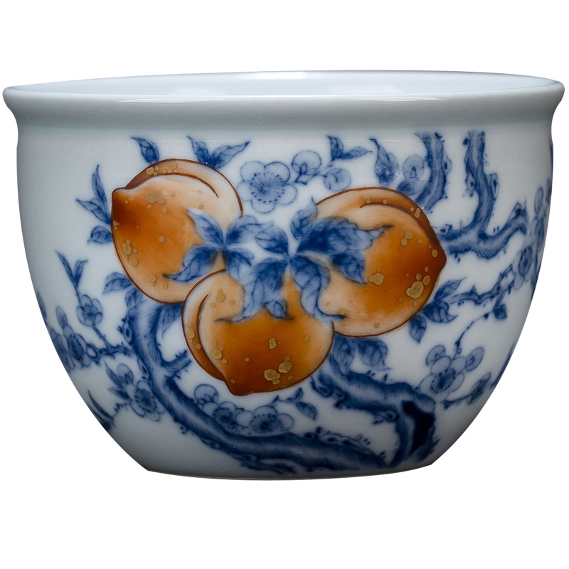St big blue and white alum red see colour peach teacups hand - made ceramic kung fu wen cylinder cup single cup all hand of jingdezhen tea service