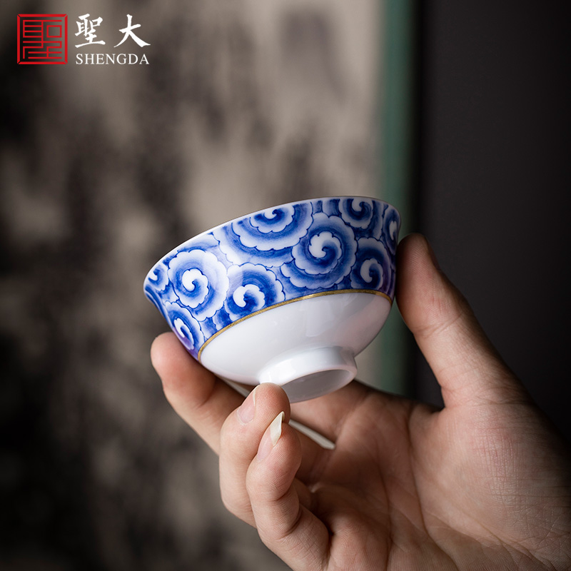 St the ceramic kung fu tea master cup hand - made jingdezhen blue and white jade mud xiangyun grain master cup tea set manually