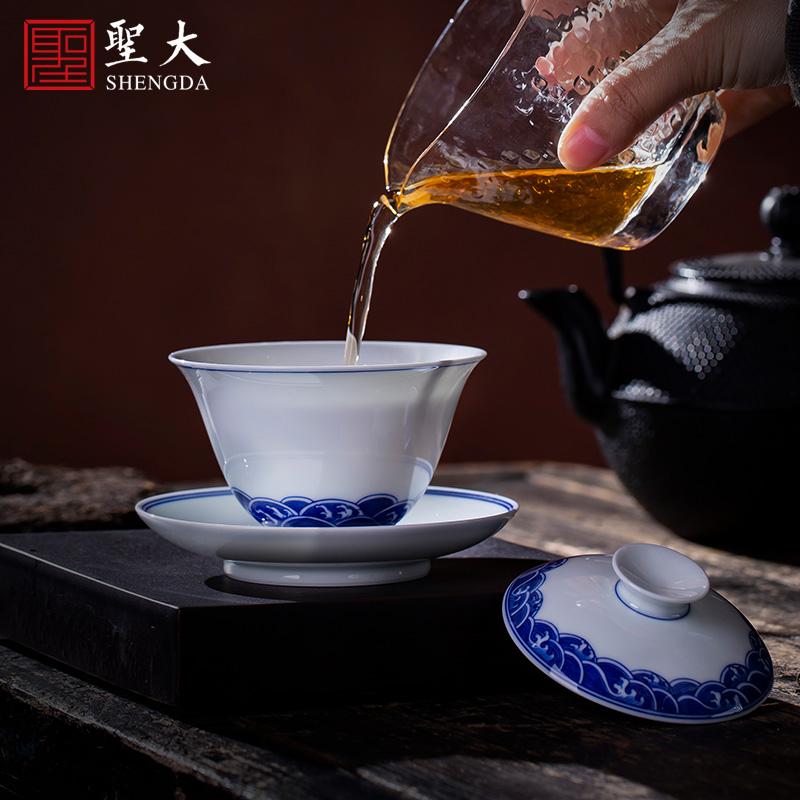 Holy big three tureen kung fu tea cup only hand - made ceramic blue sea grain tea bowl full manual of jingdezhen tea service