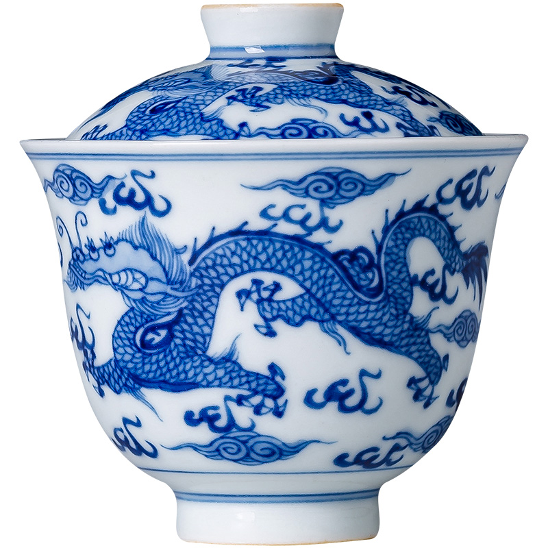 Holy big pure hand - made ceramic no riding tureen manual blue - and - white longfeng grain single breadth tea bowl of jingdezhen tea service by hand