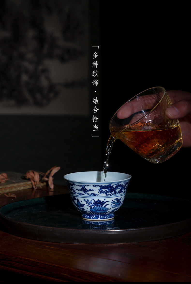 Blue and white full pool Santa teacups hand - made ceramic kung fu jiao panlong lines master cup all hand of jingdezhen tea service