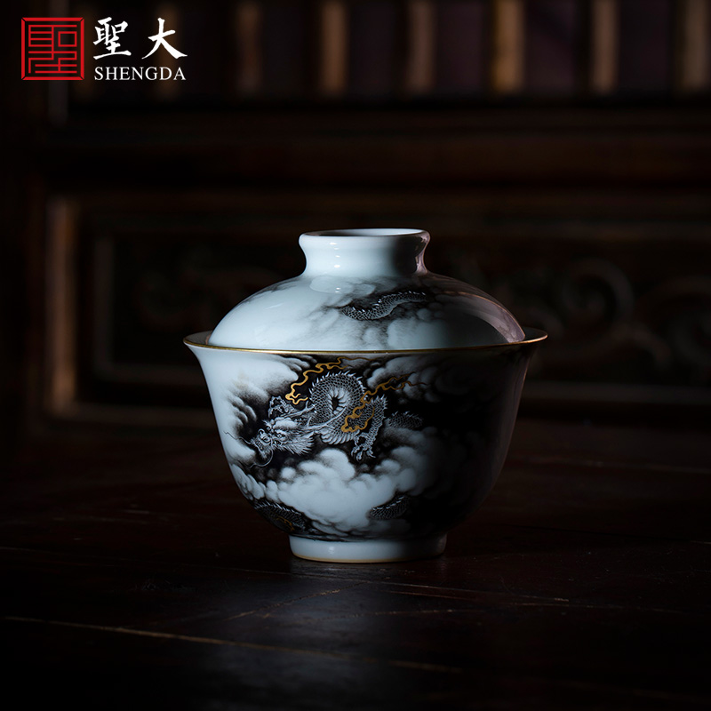 St large ceramic three tureen hand - made color ink paint hidden dragon no riding tureen tea bowl of jingdezhen tea service by hand