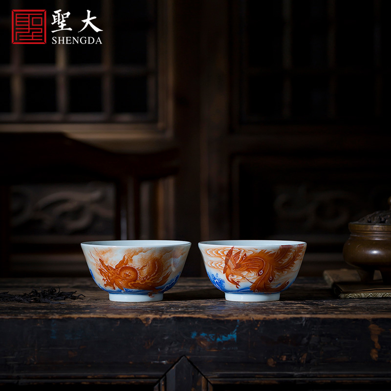 St the ceramic kung fu tea master cup hand - made heavy industry alum red and blue color longfeng jingdezhen for a cup of tea by hand