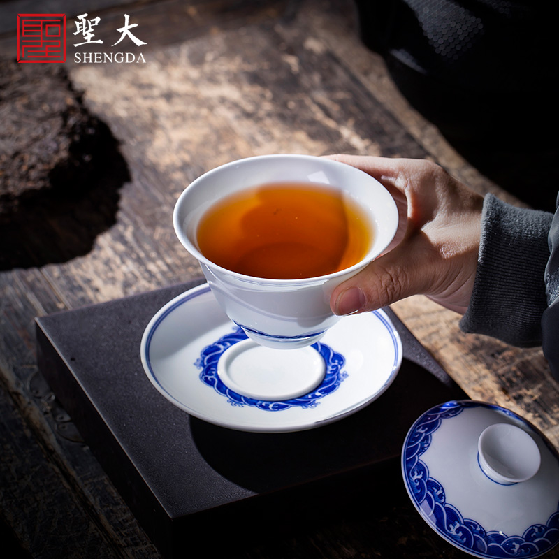 Holy big three tureen kung fu tea cup only hand - made ceramic blue sea grain tea bowl full manual of jingdezhen tea service