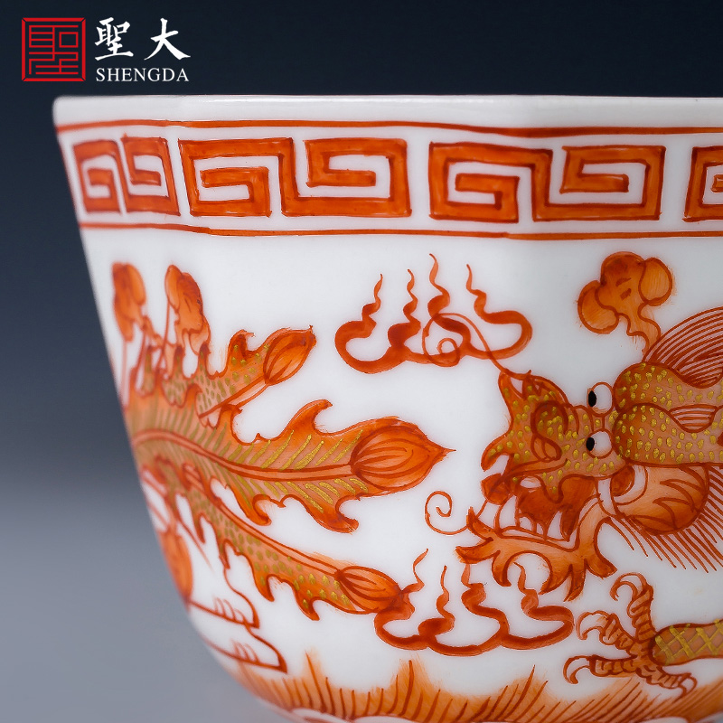 Holy big cup sample tea cup hand - made ceramic kungfu alum red paint longfeng grain eight square cup of jingdezhen tea service by hand