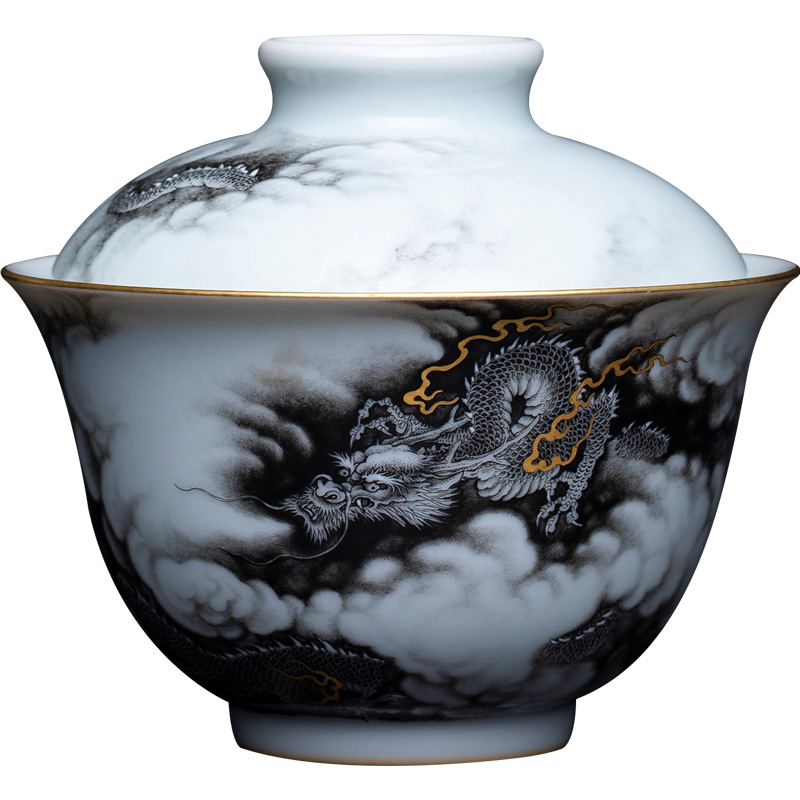 St large ceramic three tureen hand - made color ink paint hidden dragon no riding tureen tea bowl of jingdezhen tea service by hand