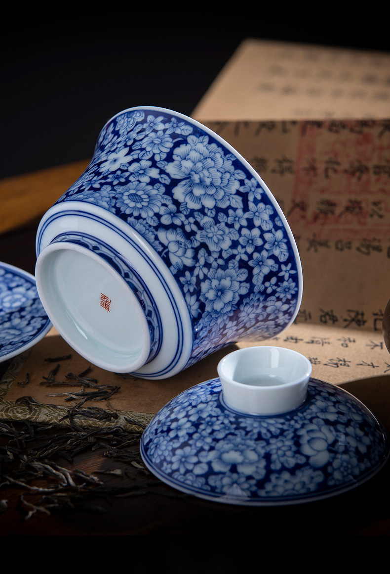 Holy big three to tureen teacups hand - made ceramic blue and blue to purple flower tureen all hand jingdezhen kung fu tea set