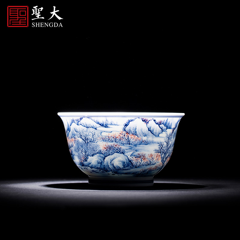 Holy big ceramic kunfu tea sample tea cup hand - made color blue and red miles peach blossom put masters cup of jingdezhen tea service by hand
