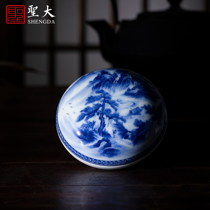 St four inkpad box of jingdezhen blue and white songshan hand - made maintain large ceramic windings inkpad cylinder four treasures of the study