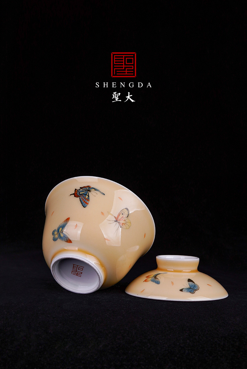 Santa tureen hand - made ceramic dry mercifully jiao yellow glaze new CaiHuDie lines without tureen jingdezhen tea tea bowl