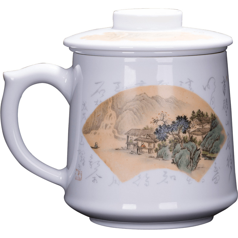 Holy big office cup hand - made ceramic landscape poems with cover filter cup boss cup tea cup of jingdezhen tea service