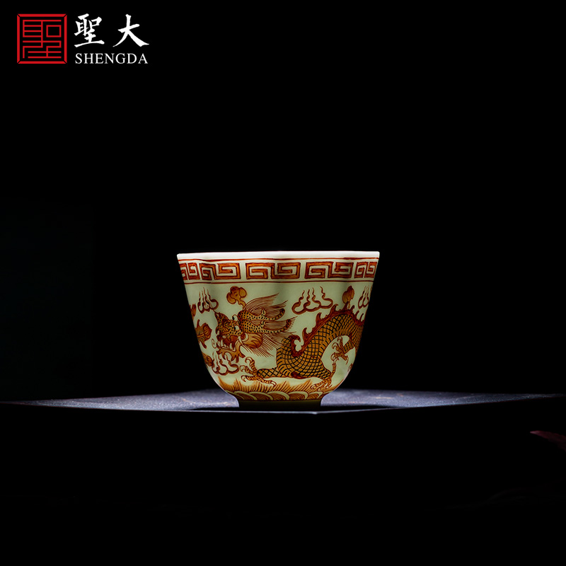 Holy big cup sample tea cup hand - made ceramic kungfu alum red paint longfeng grain eight square cup of jingdezhen tea service by hand