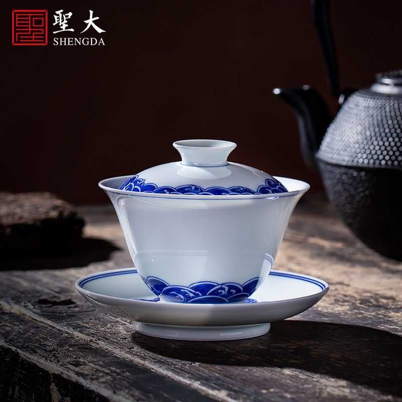 Holy big three tureen kung fu tea cup only hand - made ceramic blue sea grain tea bowl full manual of jingdezhen tea service